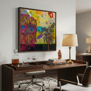 Hang 12" x 12" image over the dark wood furniture bar., Cultural style: Mid-Century Modern; Scene setting: Home Office,Depth of field: moderate...