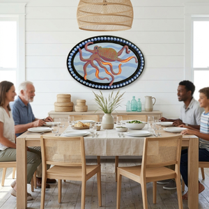 Place the 16" x 20" painting on the main wall of the coastal cottage dining room., Cultural style: Modern American; Scene setting: Family Dining...