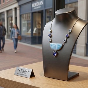 Cultural style: Modern American; Scene setting: Main Street Retail Window (B2C),Depth of field: moderate depth of field (~50%).