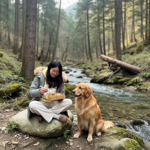 Nature with modern aesthetic. 拿掉手上的东西，和动物一起坐着享受美食,Product placement preference: Left.,Camera angle preference: 45°...
