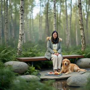 Nature with modern aesthetic. 拿掉手上的东西，和动物一起坐着享受美食,Product placement preference: Left.,Camera angle preference: 45°...