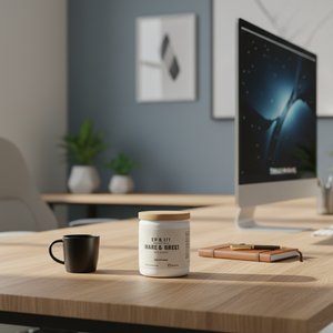 Office with modern aesthetic.put the box on the desk.,Depth of field: moderate depth of field (~50%).