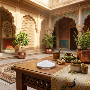Cultural style: Ayurvedic Natural; Scene setting: Haveli Courtyard,Depth of field: moderate depth of field (~50%).